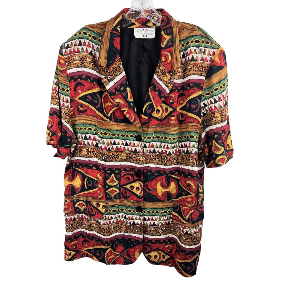 Studio C Button Down Tribal Short Sleeve Blouse